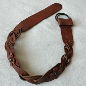 Lynn Adler braided leather belt with flowers. Pin closure.